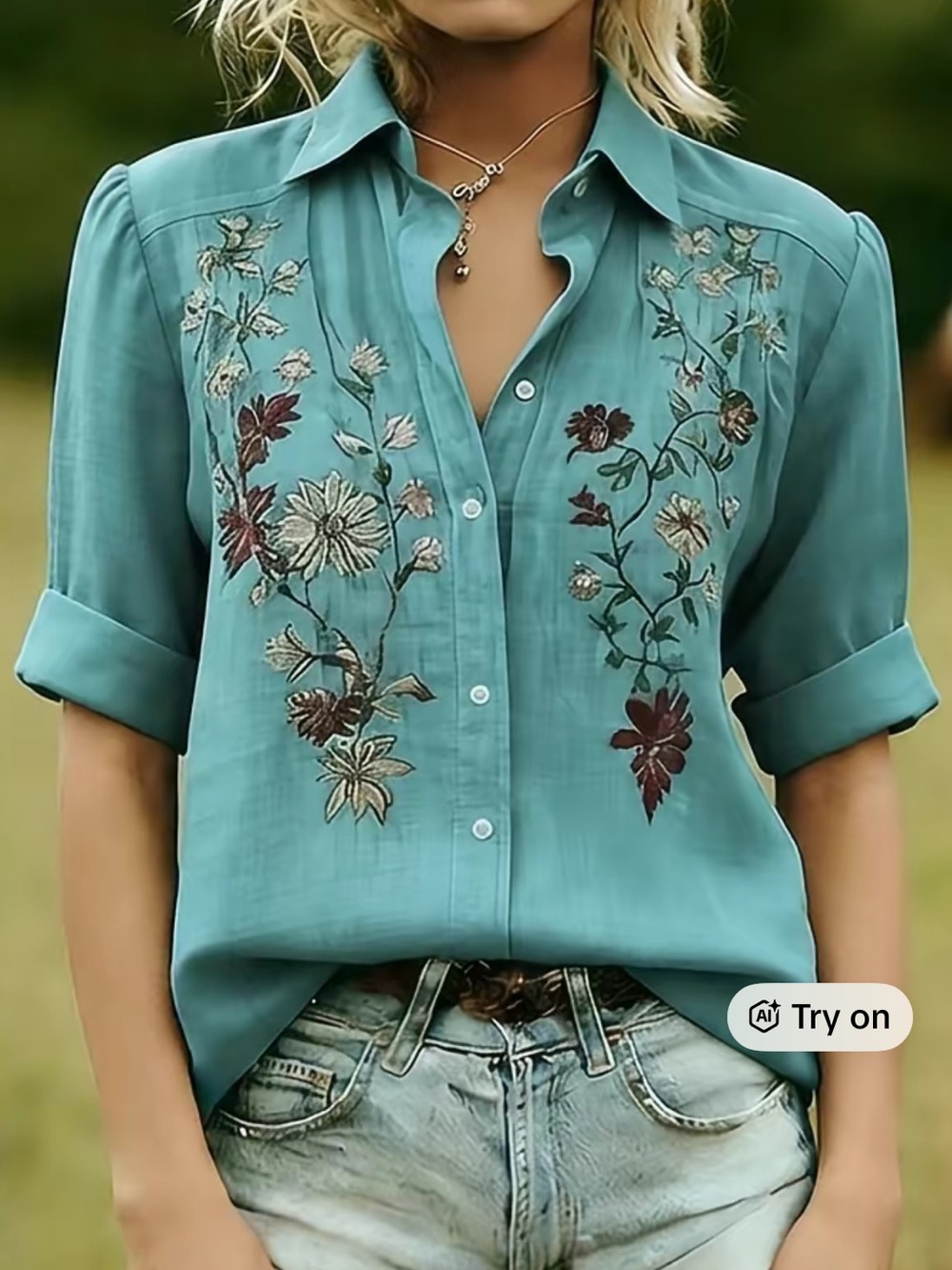Cherry Betty Embroidered Teal Women's Blouse